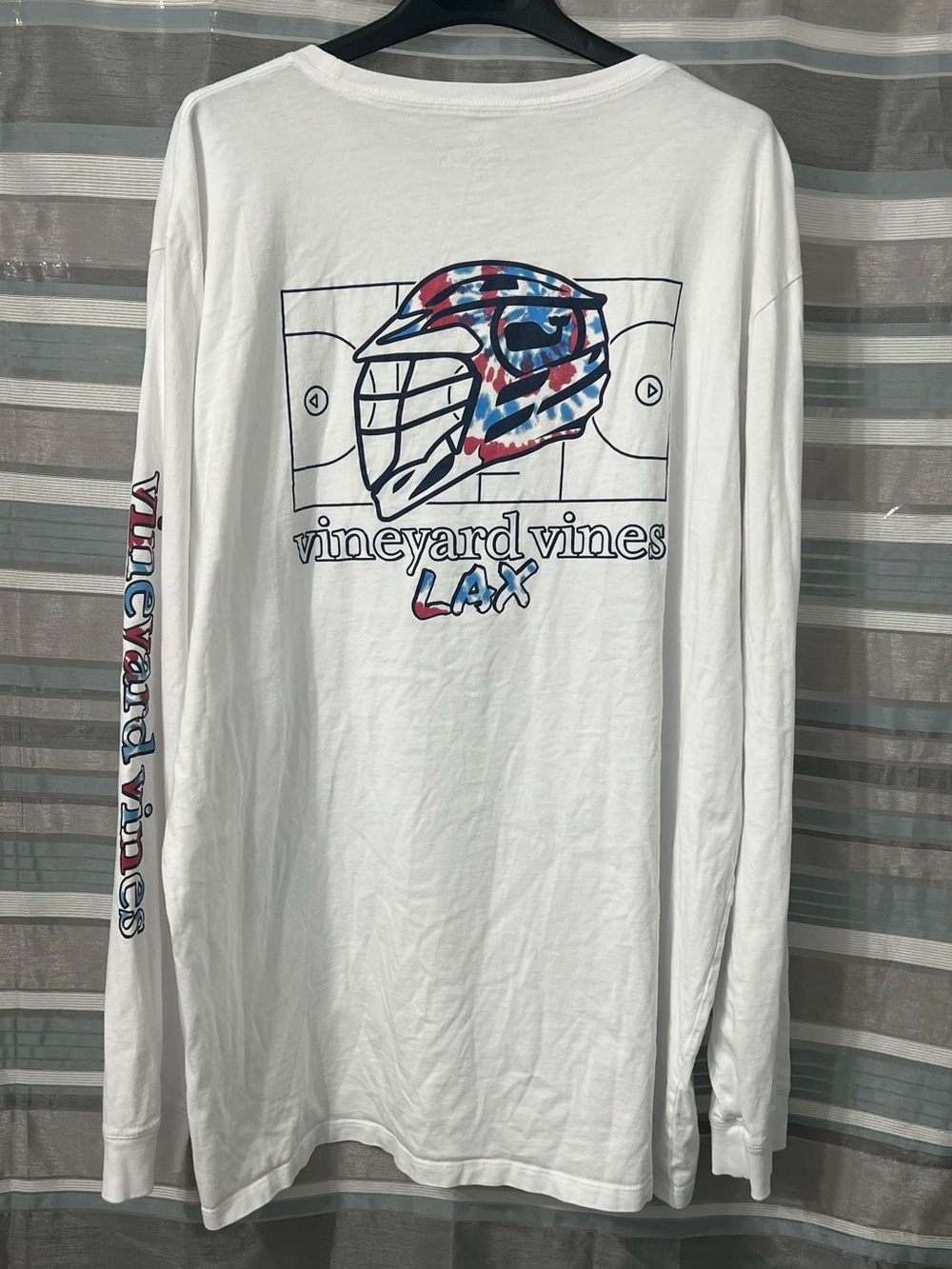 Vineyard Vines Lacrosse White Long Sleeve with Red & Blue LAX Helmet Graphic